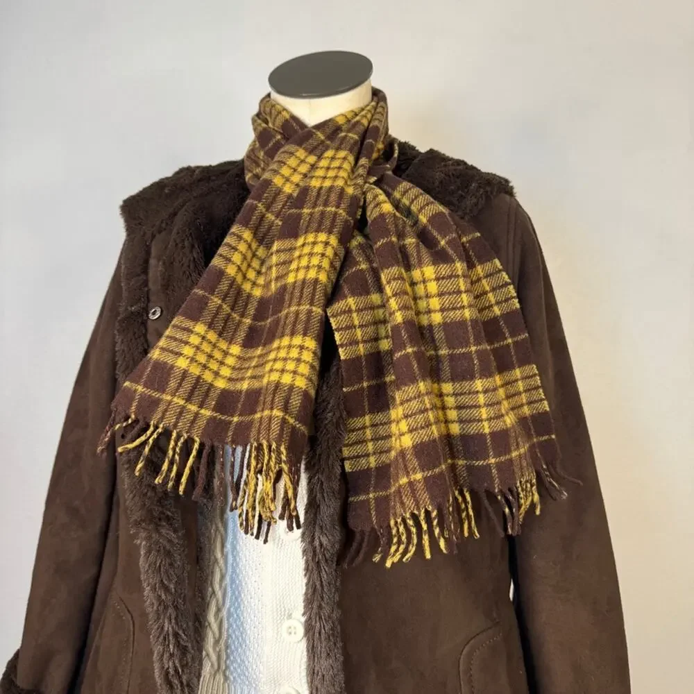 Vintage Wool Plaid Scarf Yellow Brown Tartan Fringe Fall Winter Unisex Academia